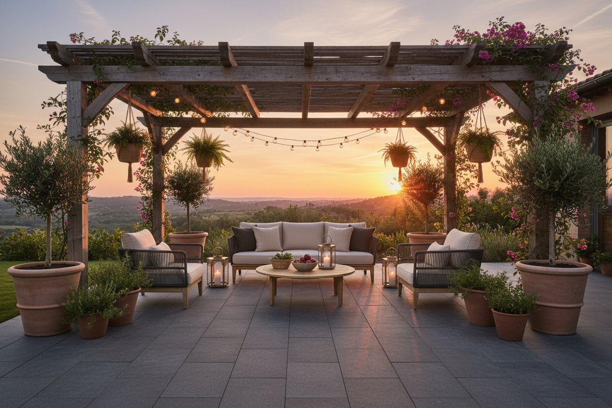 Terraza con pérgola de madera sobre Pavimento Albarracín Bicolor de hormigón en antracita - Vetonek