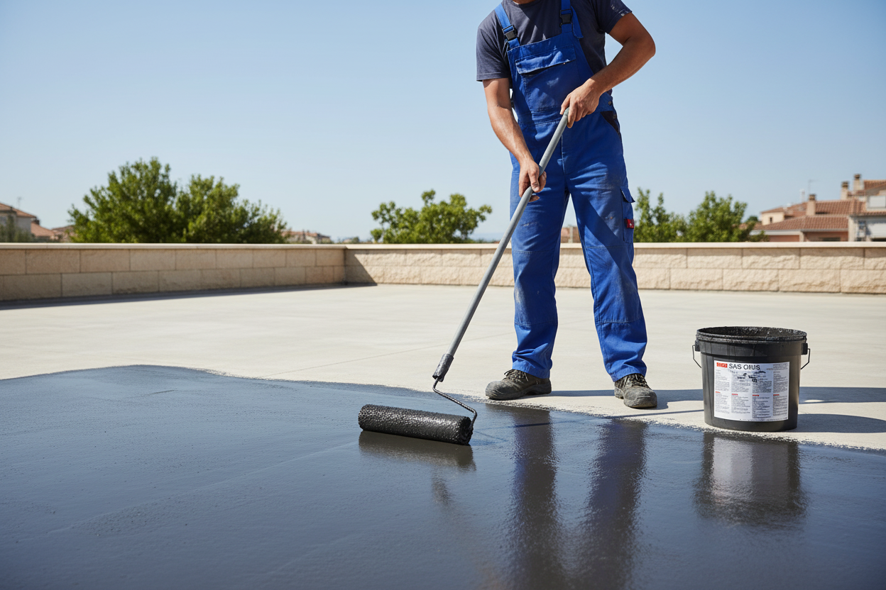 Tratamiento hidrófugo de color Poniente aplicado con rodillo sobre el suelo de hormigón de una terraza - Vetonek