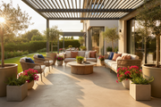 Tratamiento hidrófugo de color Poniente en beige sobre el suelo de hormigón de un patio residencial - Vetonek