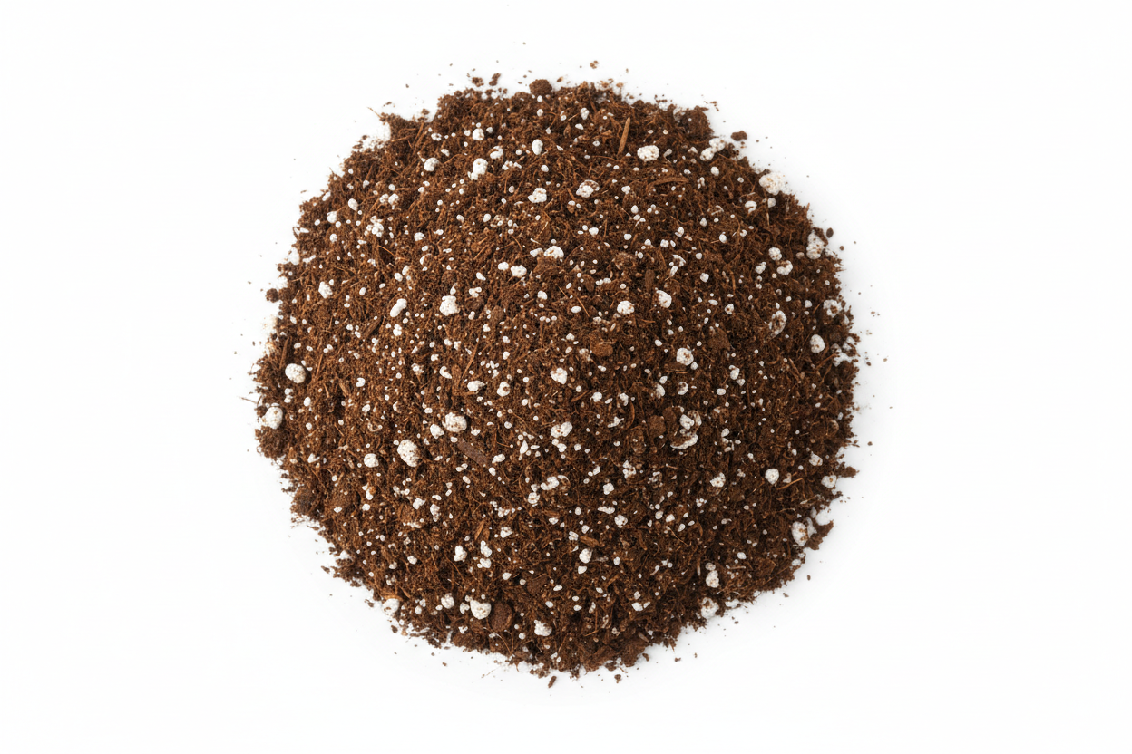 un montoncito de sustrato para agricultura, que lleve tierra y puntitos blancos de la perlita, con fondo blanco