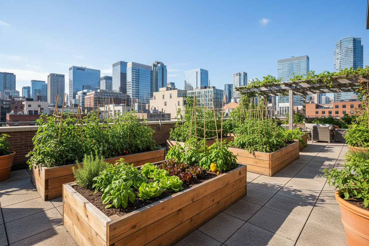 unos huertos urbanos en un atico con sustrato y hortalizas plantadas sobre el sustrato