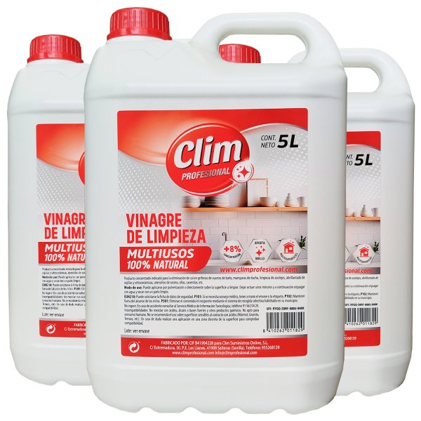 Vinagre de limpieza 100% Natural Multiusos Clim Profesional 5L - Caja 3 uds. Vetonek