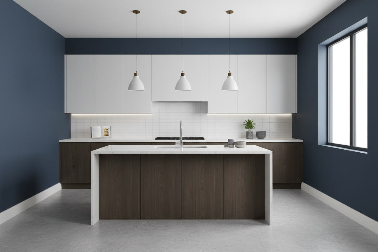 Cocina con isla central y Zócalo Albarracín Blanco de hormigón rematando paredes azul marino - Vetonek