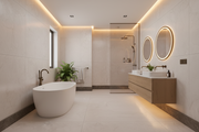 Baño moderno con Zócalo Albarracín Bicolor de hormigón en bronce rematando las paredes - Vetonek