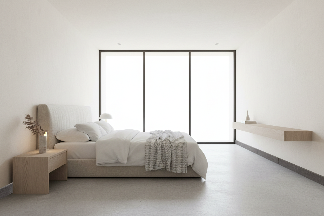 Dormitorio minimalista con Zócalo Albarracín Bicolor de hormigón en arena rematando las paredes - Vetonek